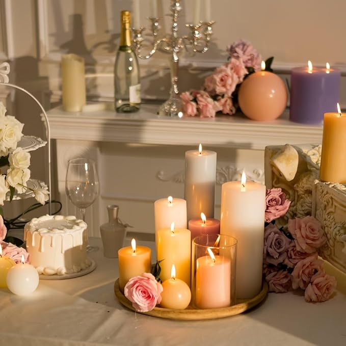 MOZEAL 3" x 6" Hand-Poured Unscented Candle, Dripless Pillar Candle Set of 3, Long Lasting Burning, Approx 120 Hours Burn Time, Rustic Country Style, for Bridal Showers, Soft Elegance, Pearl Blush
