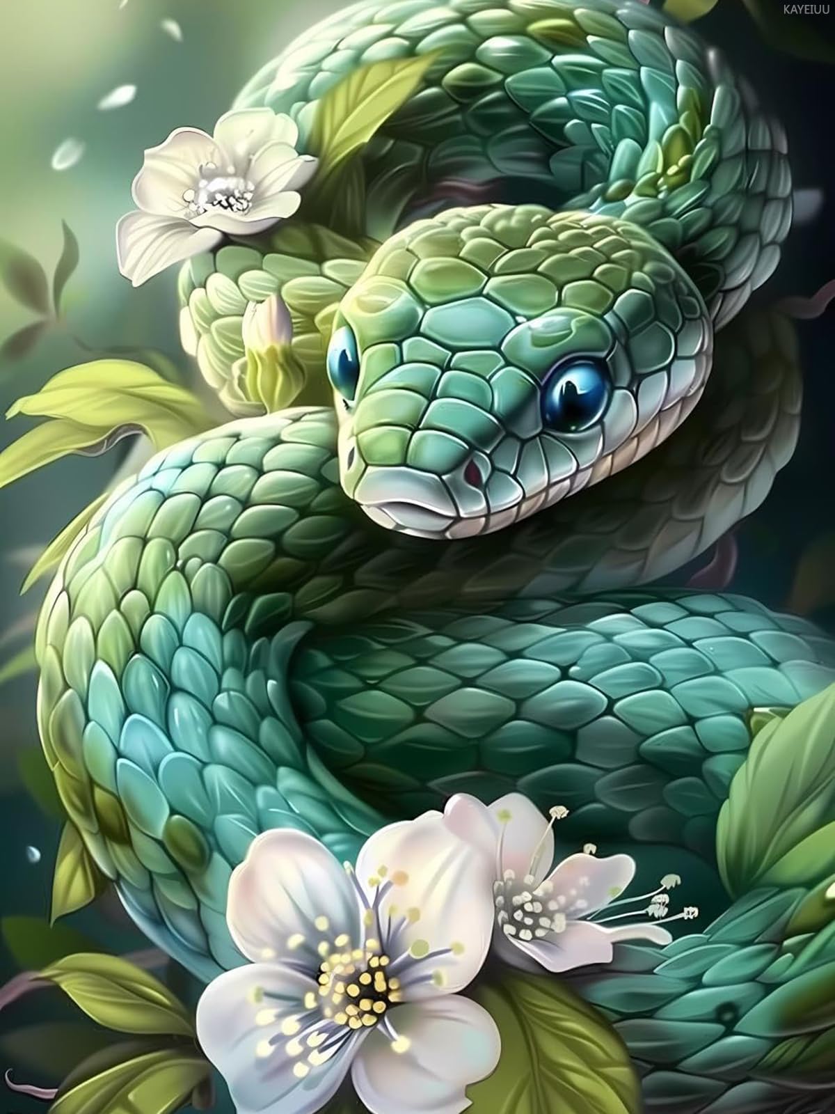 KAYEIUU 5D Green Snake Painting Diamond Painting Kits for Adults Beginner, DIY Snake Diamond Art for Home Wall Decor Gifts Full Drill Round Gem Art 12x16 inch