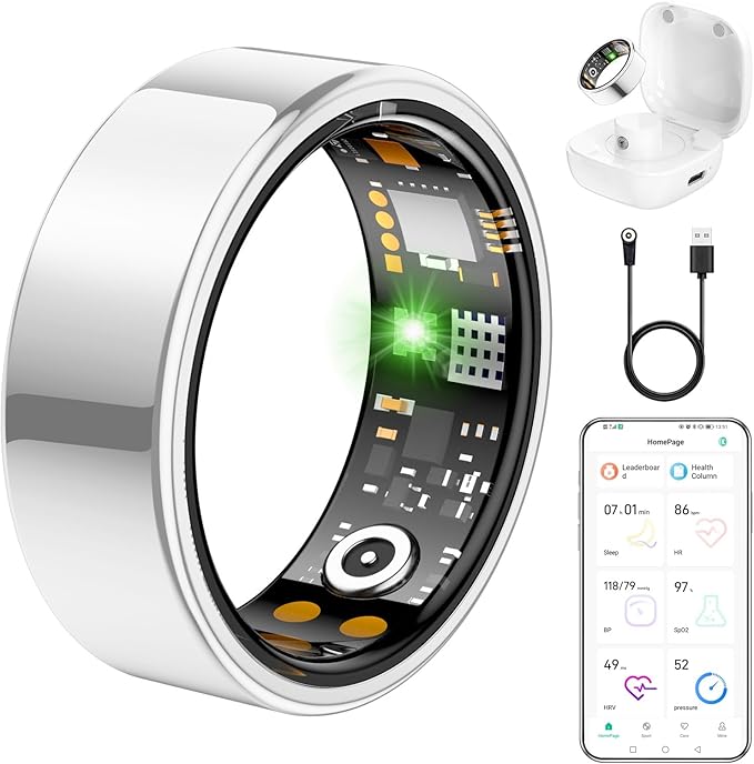 Ring Health Tracker for Women Men, Fit Ring with Heart Rate, Blood Oxygen, Sleep Monitor, Calories, Step Counter, IP68 Waterproof Smart Ring for iPhone & Android, No Subscription Fee (Silver, 10#)