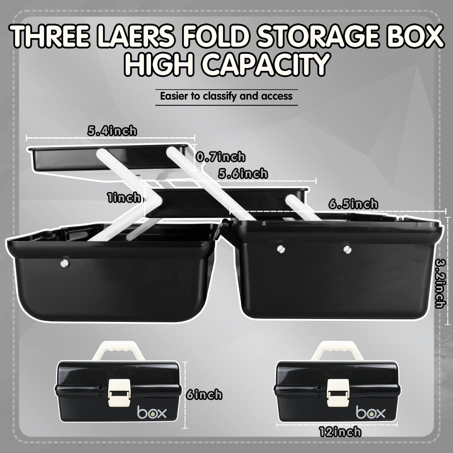 TERGOO 12in Three-Layer Multipurpose Storage Box Organizer Folding Tool Box/Art & Crafts Case/Sewing Supplies Organizer/Medicine Box/Family First Aid Box with 2 Trays (Black)…