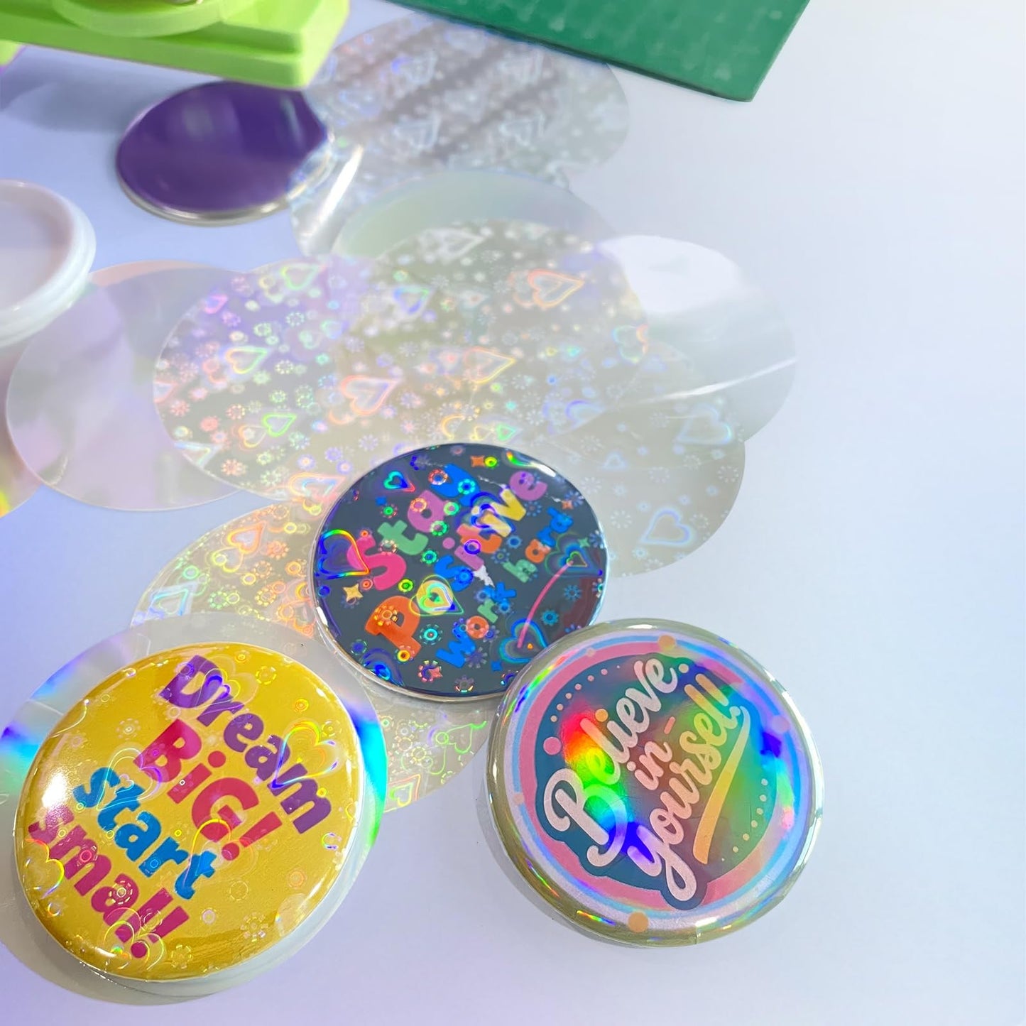 Button Maker Machine 2.25''(58mm), Pin Maker Button Press Machine W/100 Holographic Film Pinbacks,10 Fridge Magnet, 5 Keychain Sleeve, Create Fan Pins for Cosplay, Anime Meetups, Kpop