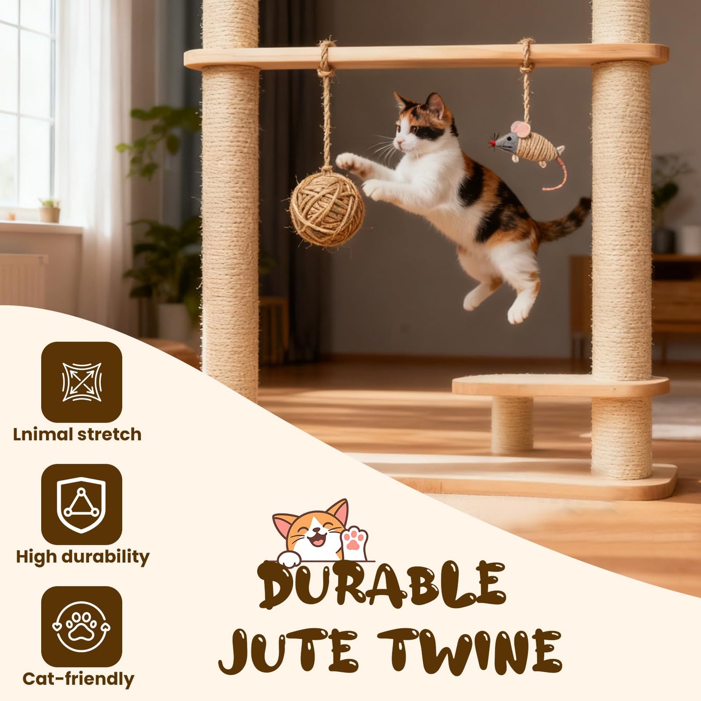 Natural Jute Twine 5mm x 656ft, 4Ply Twisted Heavy Duty Rope Roll for Gardening, Crafting, Bundling, Cat Scratching Post, Home Decor, Christmas Decorations