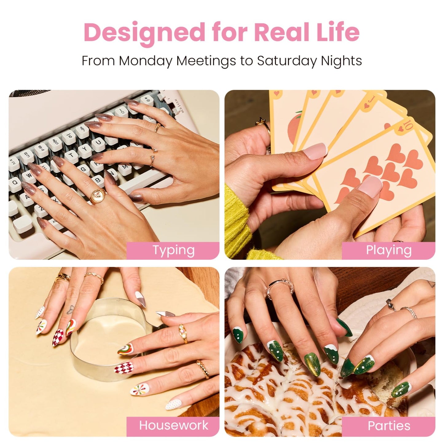 Nail Reformation Press On Nails, Treasure Lines | Short Almond Fake Nails in Jade Green with Jewel Gold Accents in Glossy Finish, Reusable Stick On Nails in 16 Sizes - 32 Nail Kit for Women Gifts