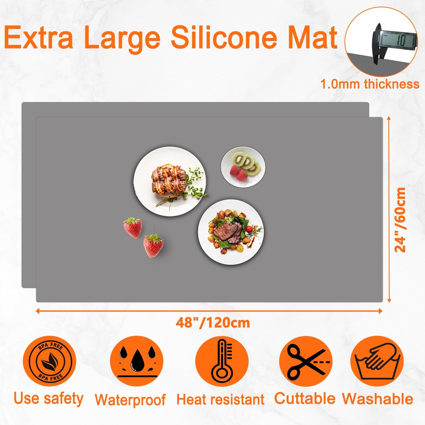 2Pack Large Silicone Mats for Kitchen Counter, 48''x24''(120cmx60cm) Heat Resistant Mat for Kitchen Island, Waterproof Multipurpose Countertop Protector, Dark Gray