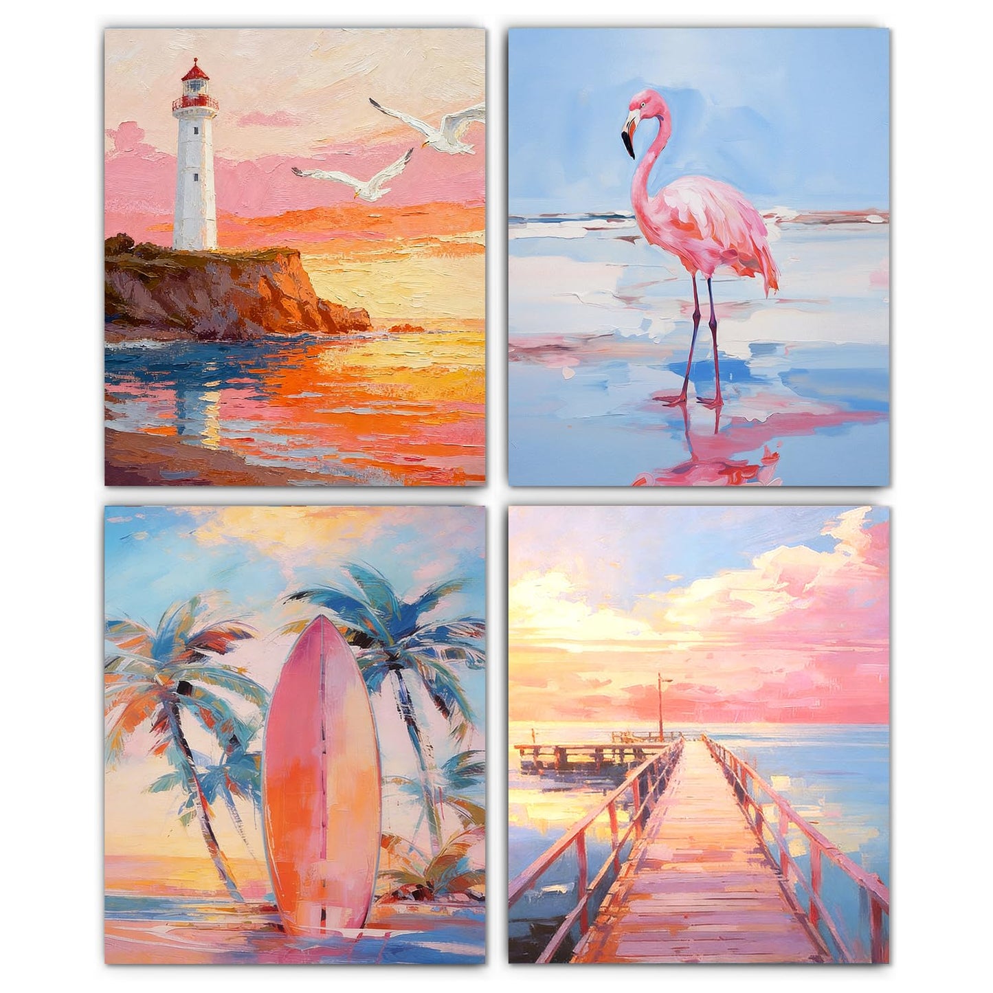 XUNLURY Pastel Nautical Coastal Diamond Art Kits 4 Pcs, Tropical Beach Sunset Flamingo Diamond Painting Kits for Adults Girls Beginners, Full Drill Diamonds Dots for Home Decor, 9.8x11.8 Inch