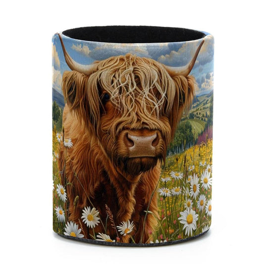 LWSHUNYI Large Capacity Colored Pen Holder for Desk,Highland Cow Daisies Leathe Pencil Holder Makeup Brush Holders, Desk Accessories & Workspace Organizers for Home, School & Office