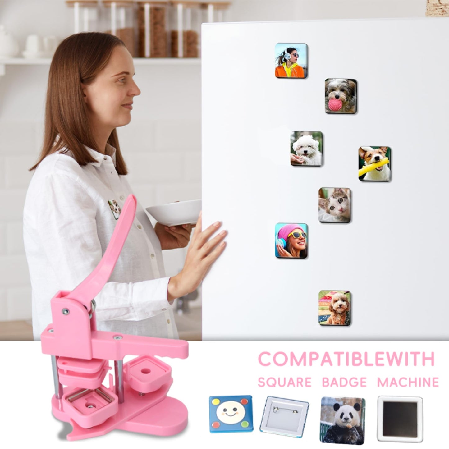 DCBADGE Square Button Maker Machine,Square Magnet Maker Machine of 50mm/1.97 inch,Fridge Button Press Machine Kit with 50 Sets of Refrigerator Magnet Supplies&50 Sets of Pin Button Parts.