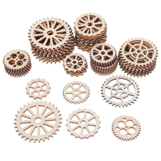 Tofficu 50pcs Wooden Gear Hanging Ornaments for DIY Crafts, Home Decor, Christmas Decorations, Wedding Decor, and More - Assorted Sizes and Patterns, Beige, 1.96 * 1.96 * 0.07inch