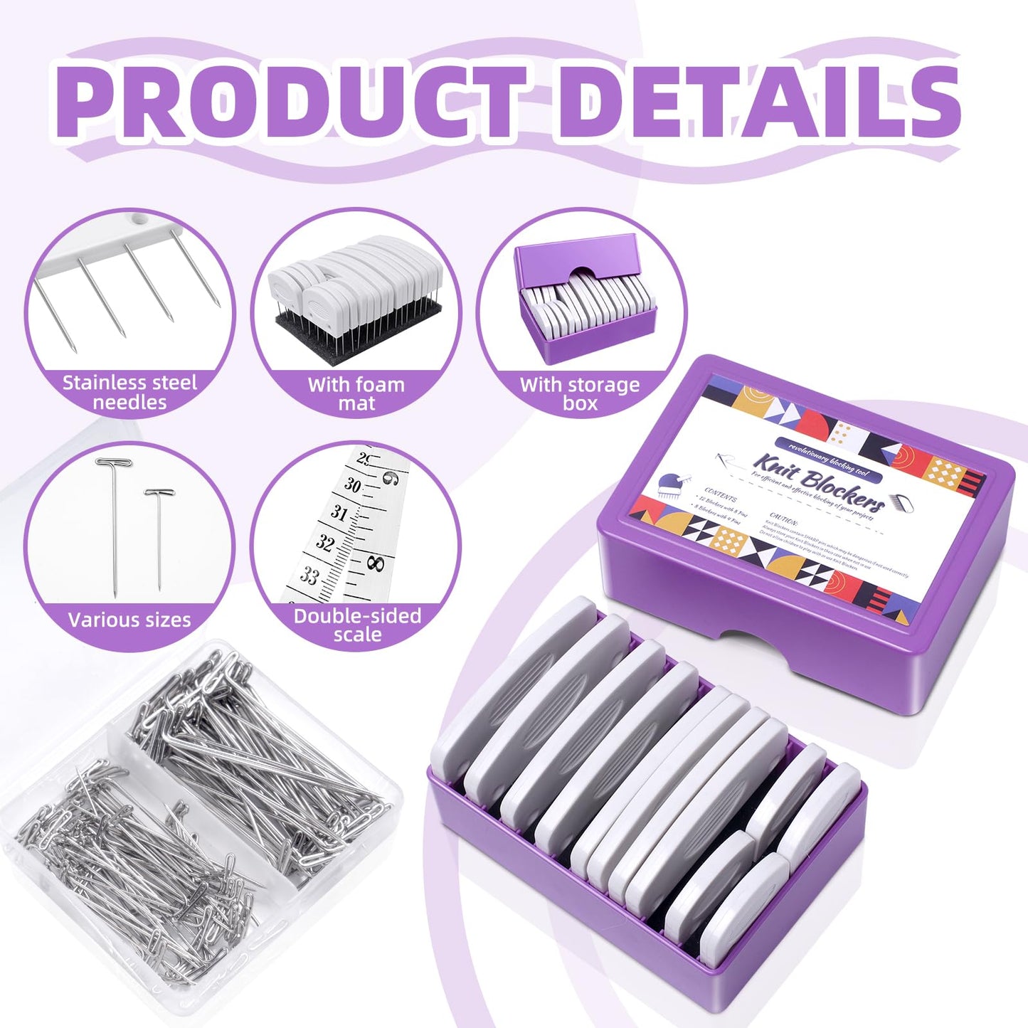 130 Pcs Knit Blockers Kits, Blocking Knit Combs Pins Set for Knitting, Knitting Tools Knitter Crochet, with Flexible Tape Measure Ruler, Silver T-Pins for Sewing Lace or Needlework Projects Device