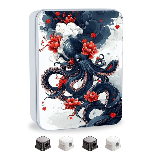 VACGBJPG Metal Tin Box with Lid,Multi-functional Storage Large Box Can Store Tea Biscuits Game Cards, Playing & Tarot Cards-Comes with 4 Magnetic Cord Clips,Octopus and Red Flower