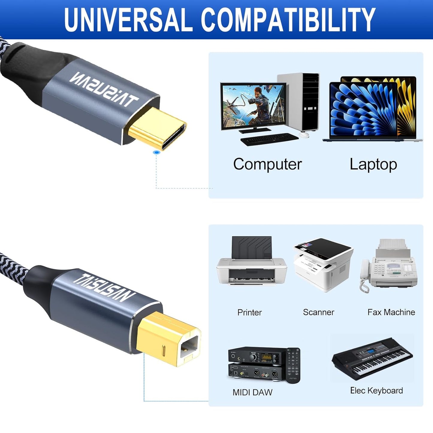10ft USB C to USB B Printer Cable - Versatile Connectivity