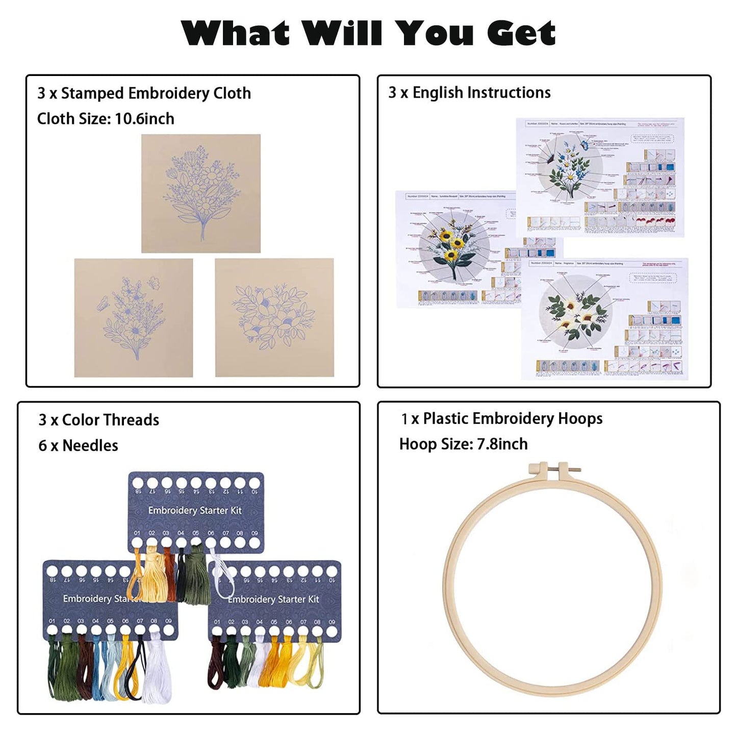 3 Set Embroidery Stitches Practice Kit, Embroidery Kit for Beginners with Embroidery Patterns, Beginner Embroidery Kit, Embroidery Kits for Adults, Hand Embroidery Kit, Embroidery Kit for Kids