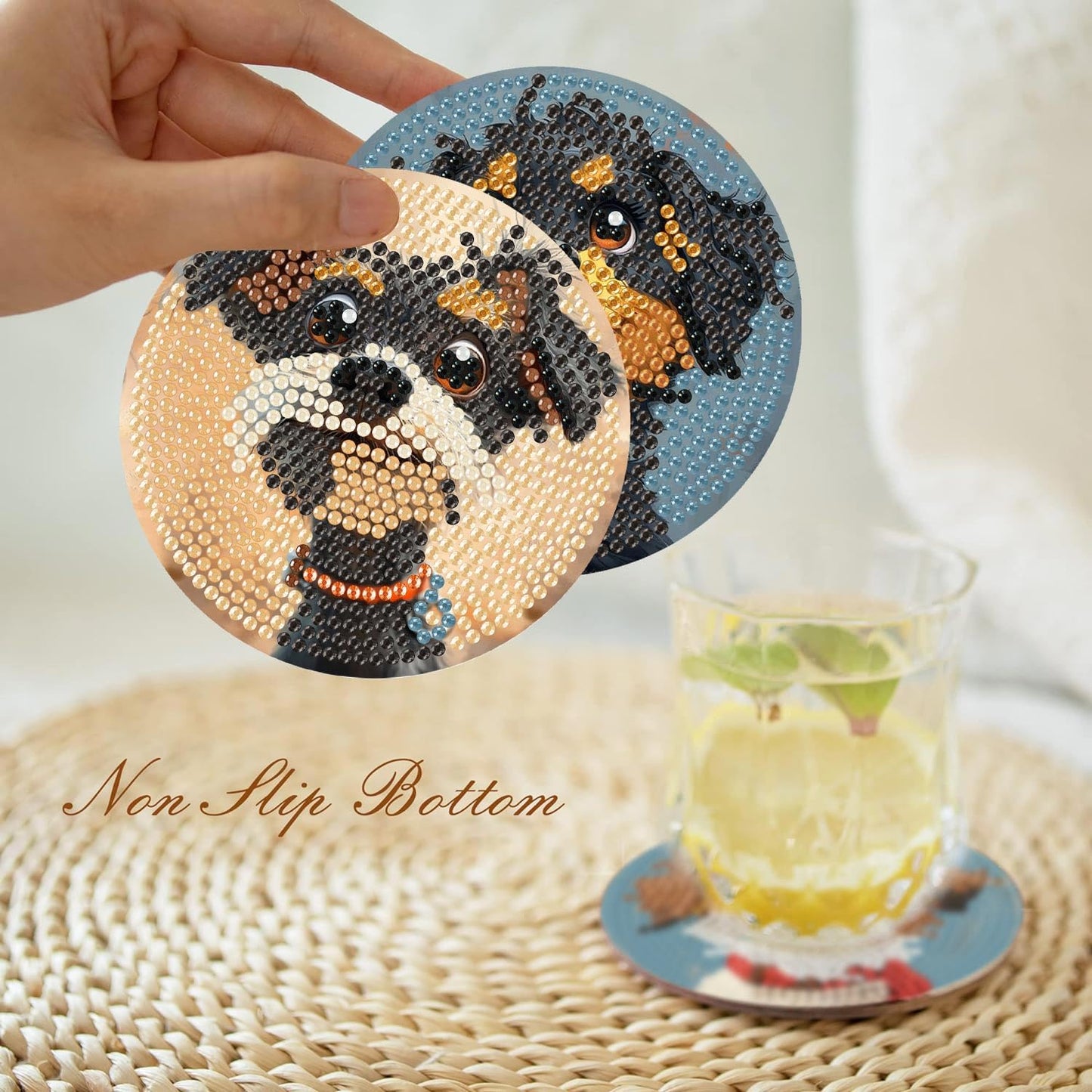 Cute Dog Diamond Art Painting Coasters Kit, 8 Pieces Puppy Diamond Art Coasters with Holder, DIY Dog Diamond Coasters for Beginners