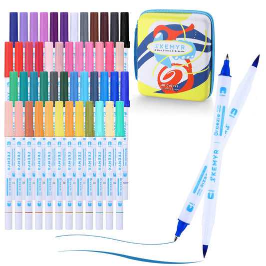 KEMYR Acrylic Paint Markers Brush and 0.7mm Fine Tip, 48 Colors HOP Series- Breezie Brush & Fineliner Acrylic Gel Pens Set for Artist Adults Coloring Illustration,Stone Glass Wood Canvas Fabric Art