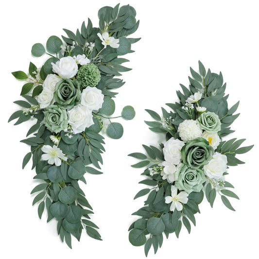 Udoula Artificial Sage Green Wedding Arch Flowers Swags Set of 2 for Welcome Signs, Reception and Ceremony Decorations - White Floral Decor