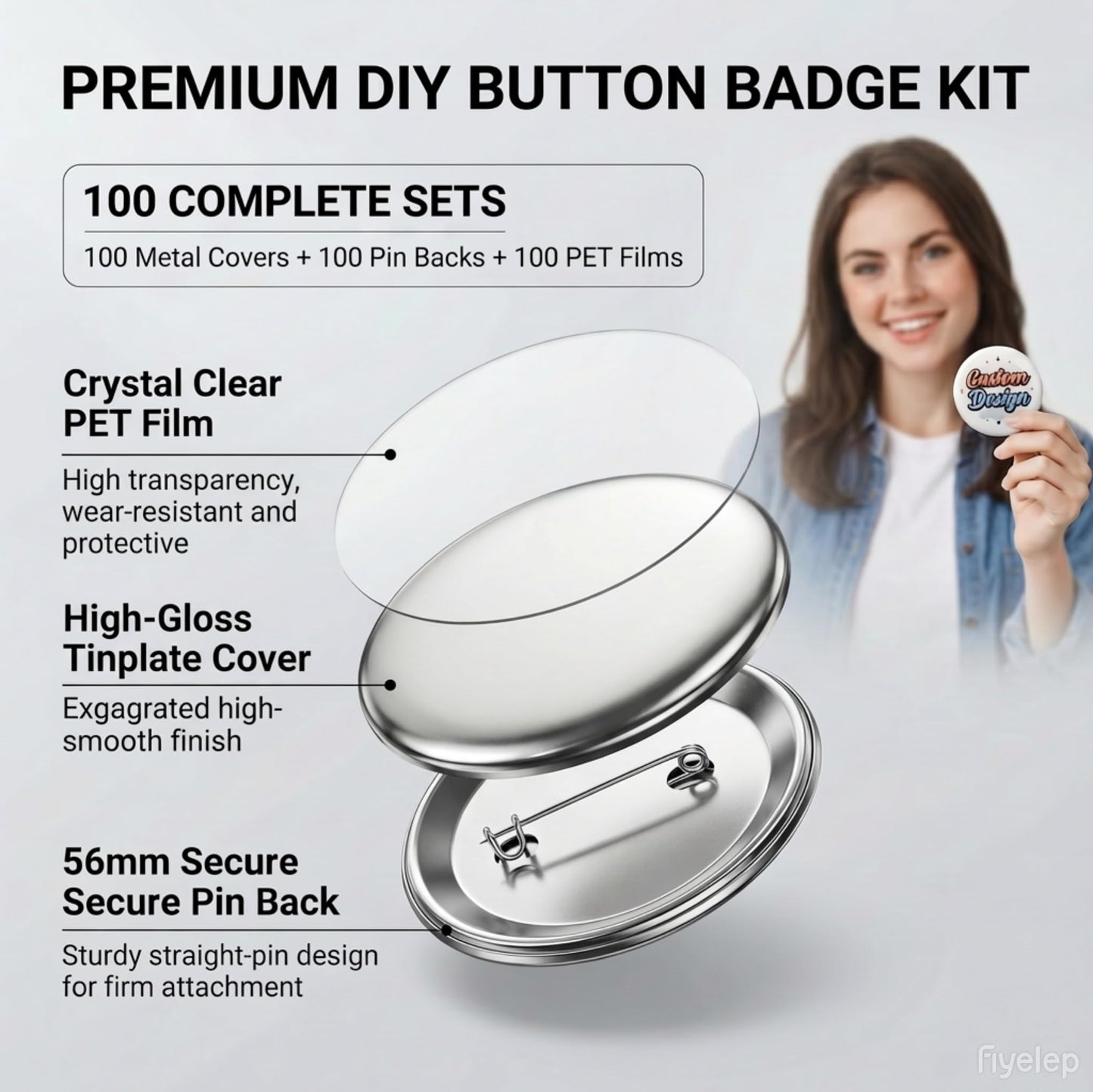 VOXIVEE 1.97in/50mm Button Maker Supplies 300Pcs, DIY Round Badge Parts with Metal Covers Pin Backs Clear Films, Compatible with 58mm Button Making Machine for Crafts