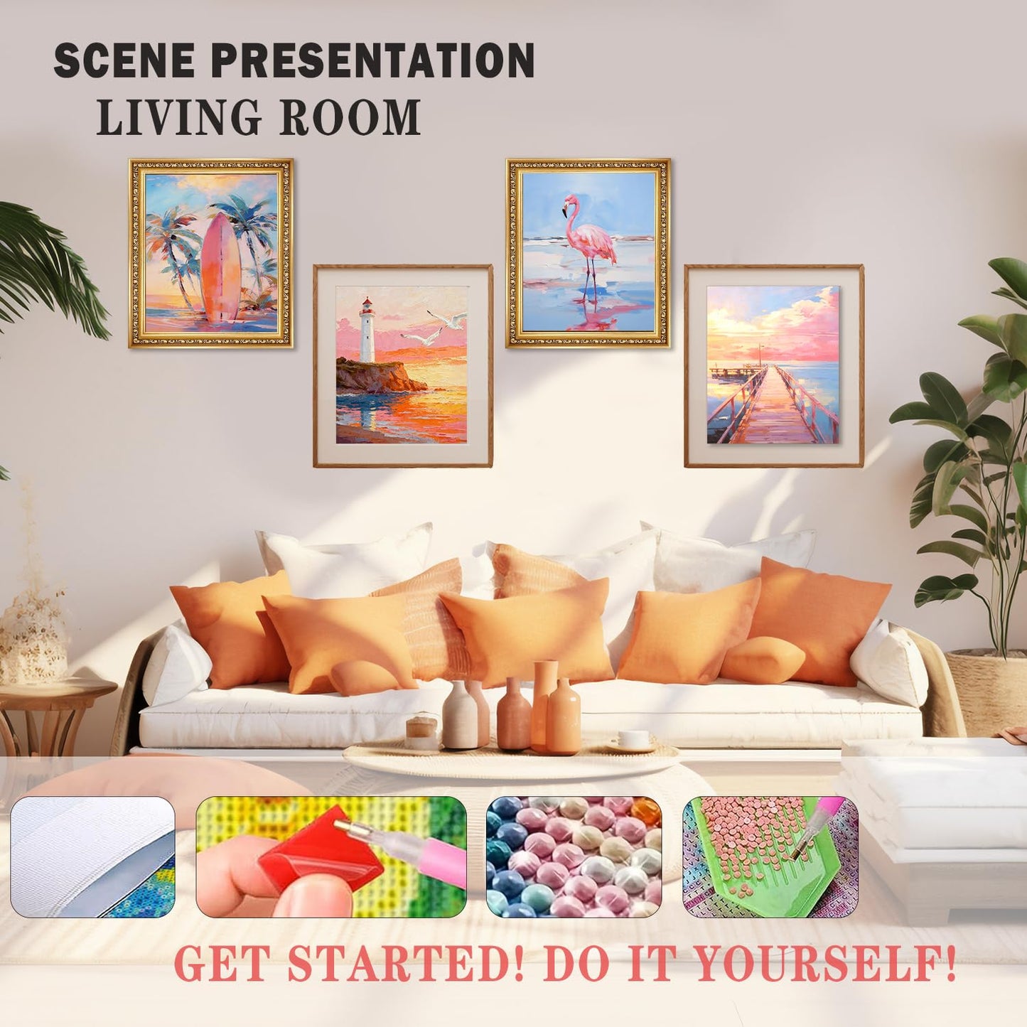 XUNLURY Pastel Nautical Coastal Diamond Art Kits 4 Pcs, Tropical Beach Sunset Flamingo Diamond Painting Kits for Adults Girls Beginners, Full Drill Diamonds Dots for Home Decor, 9.8x11.8 Inch