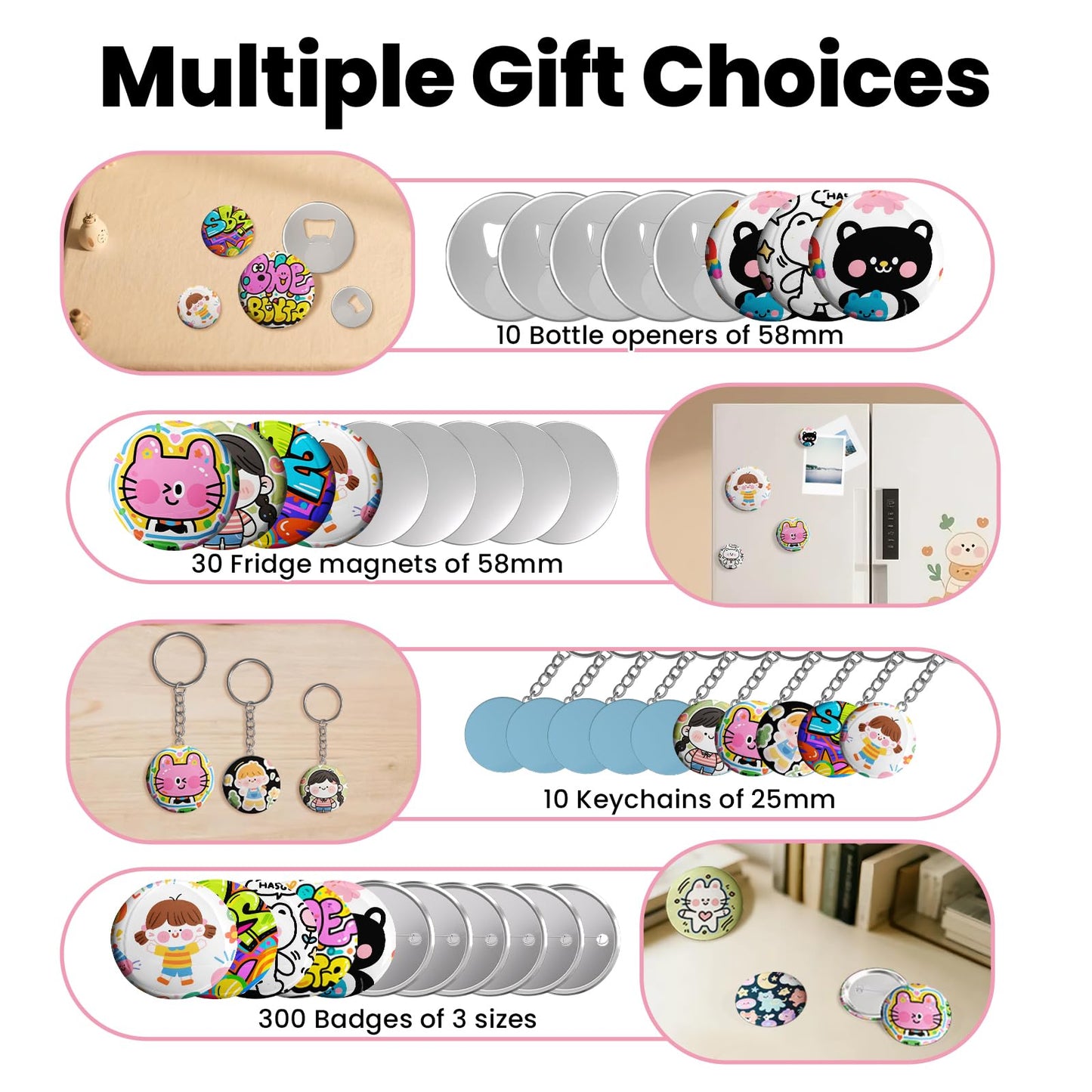 1+1.25+2.25 inch Multiple Sizes Button Maker Machine, 300 Buttons, 30 Fridge Magnets, 10 Bottle Openers, 10 Keyrings, 3 Circle Cutters, Button Badge Press Machine (Lightblue, 353 Pcs)