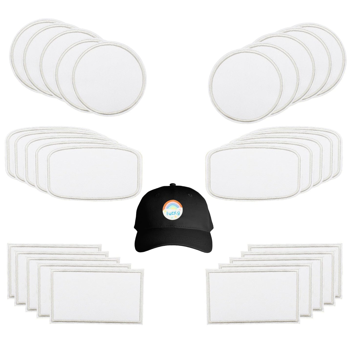letsinstyle 30 Pcs Sublimation Patches, 1.9 x 3.1 Inch Flat White Border Embroidery Patch, Rectangle Circle Iron on Repair Blanks Patches for Caps Clothes Shoes Bags Backpacks Uniforms
