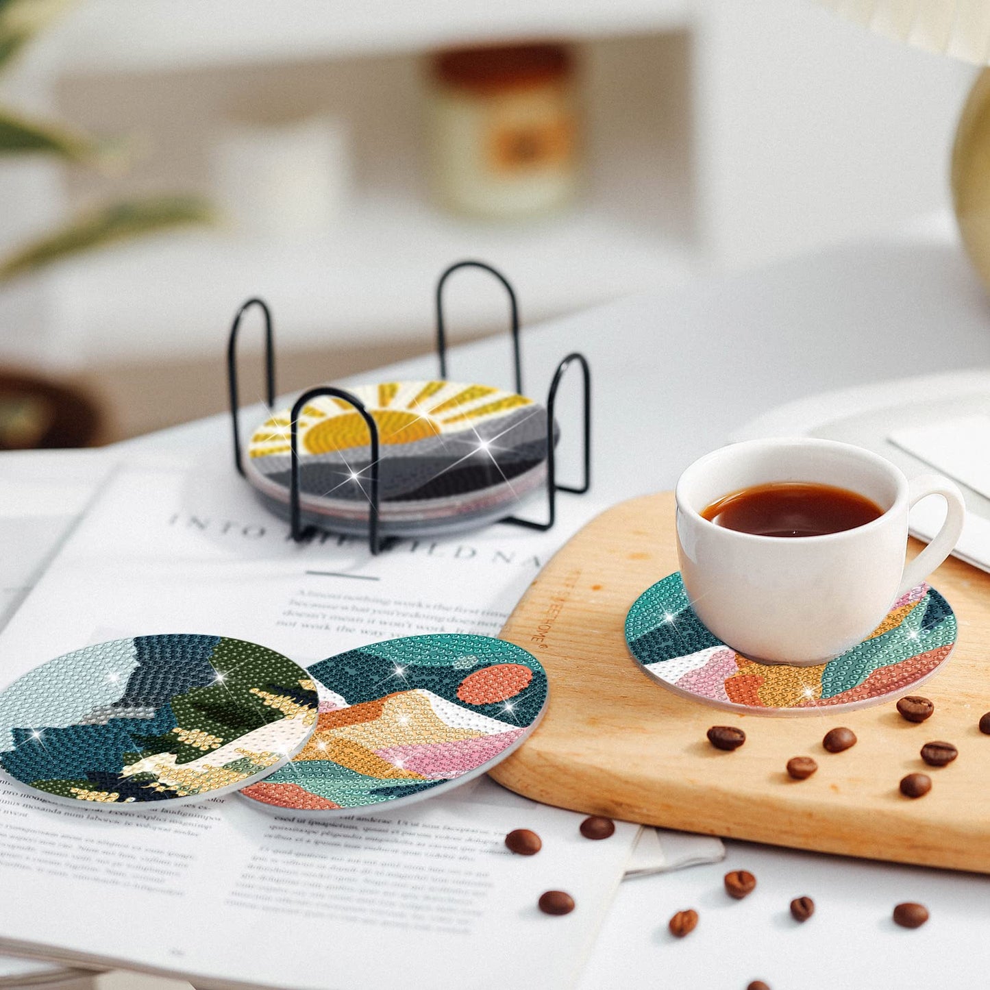 Sunnyray 8 Pcs Diamond Painting Coasters Kits with Holder, Landscape Black Cat Diamond Art Coasters Set Boho Diamonds Dots Painting Kits Adults DIY Art for Drinks Coffee Table(Landscape)