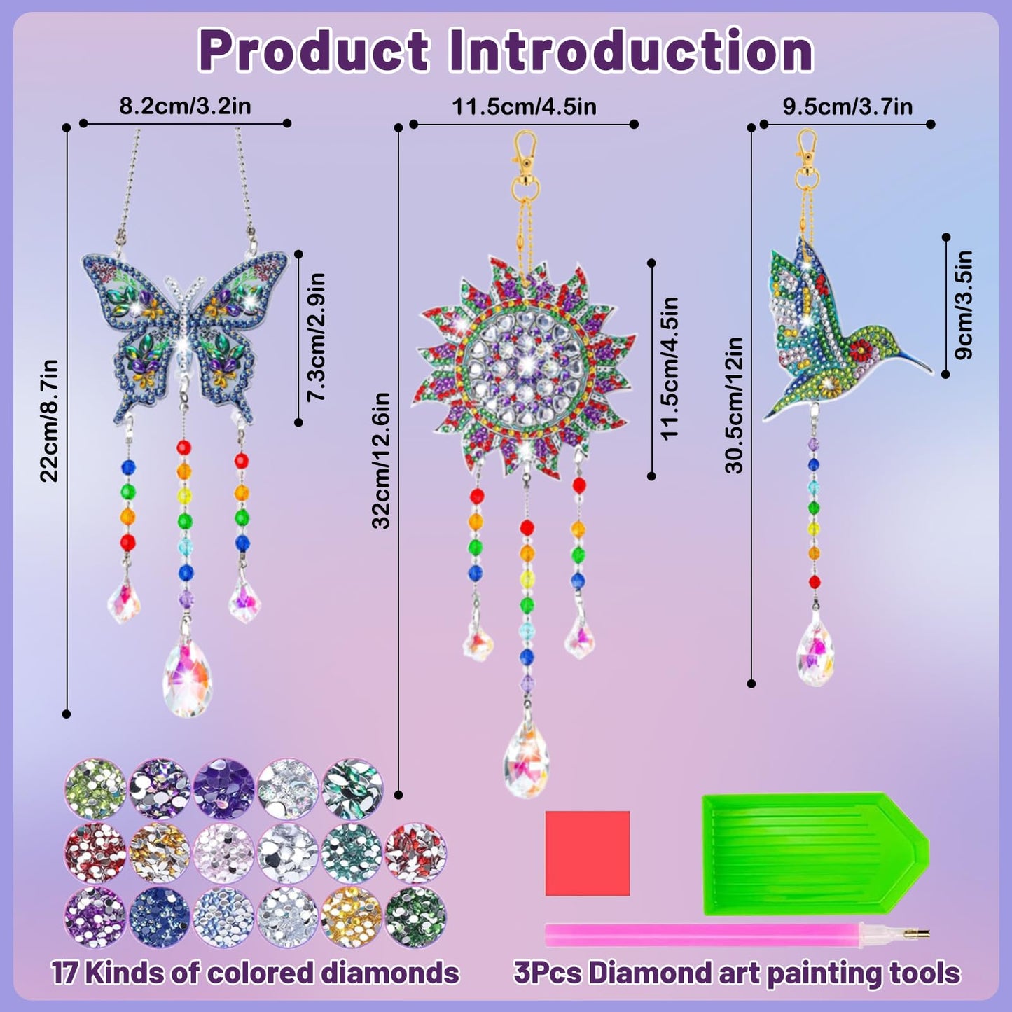 Arts and Crafts for Kids Ages 6-12, Birthday Gifts for 6 7 8 9 10 11 12 Year Old Girls, DIY Diamond Painting Kits for Kids Teens Adults, Butterfly Sun Hummingbird Wind Chimes for Home Garden Decor