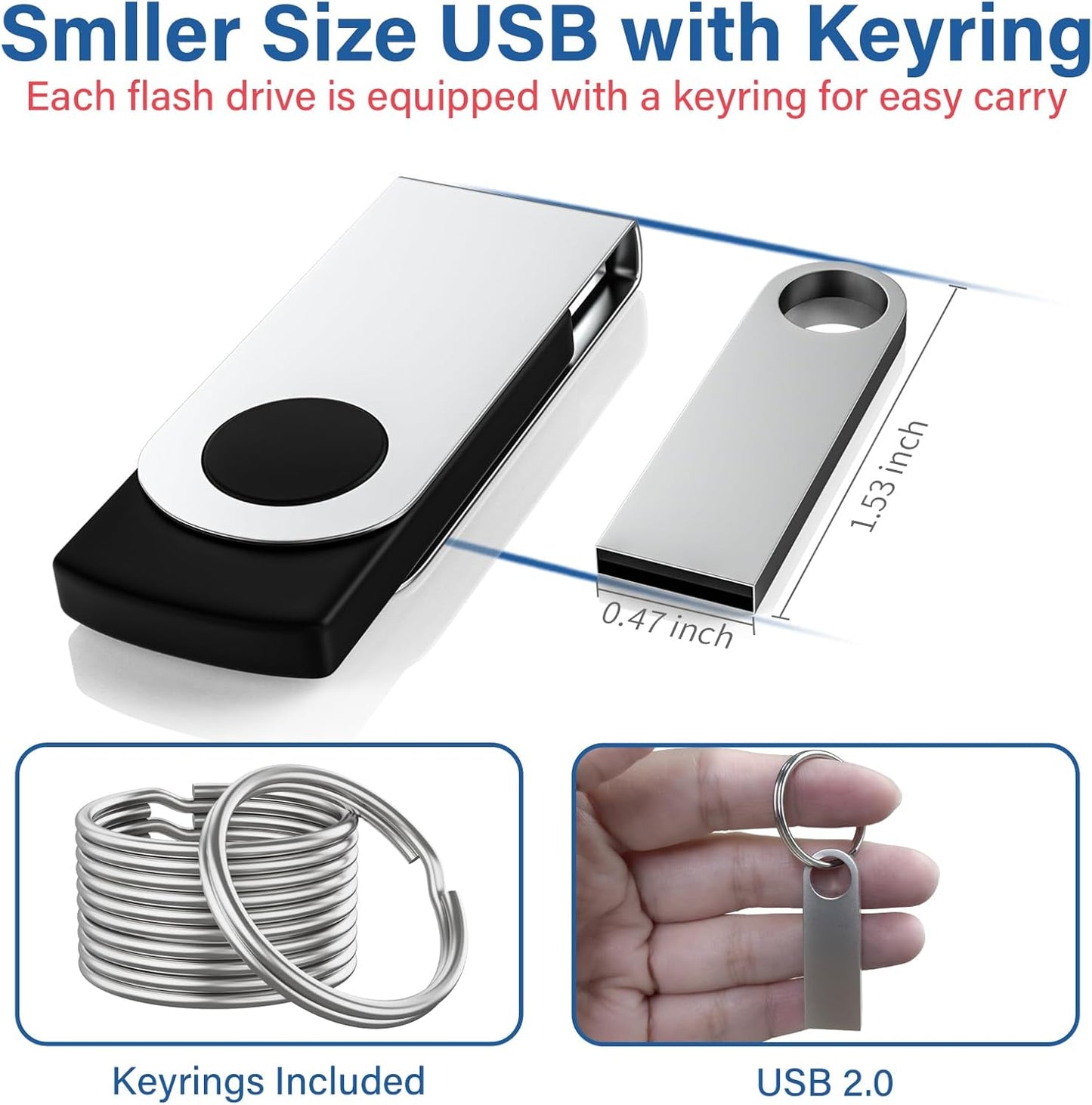 Wooolken 5 Pack 8GB 2.0 USB Flash Drive with Keychains, Sleek Metal USB Thumb Drives Memory Stick for PC Laptop