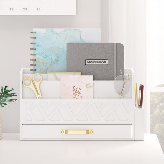Wisuce Home Wooden Desk Organizer,Desktop Organizer File Sorter for Office Supplies, Mail Organizer with Drawer,Desk Accessories & Workspace Organizers for Women （White）