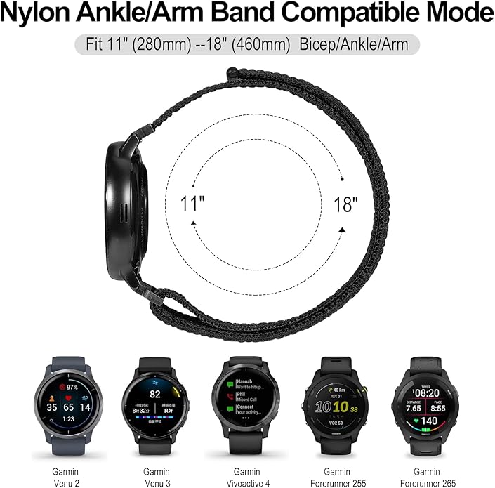 22mm Sport Ankle/Arm Band Compatible with Amazfit Helio, Quick Release Breathable Nylon Bicep Strap Replacement for Garmin Venu 3/Venu 2/Vivoactive 4 & Forerunner 570-47mm/265/255/255 Music