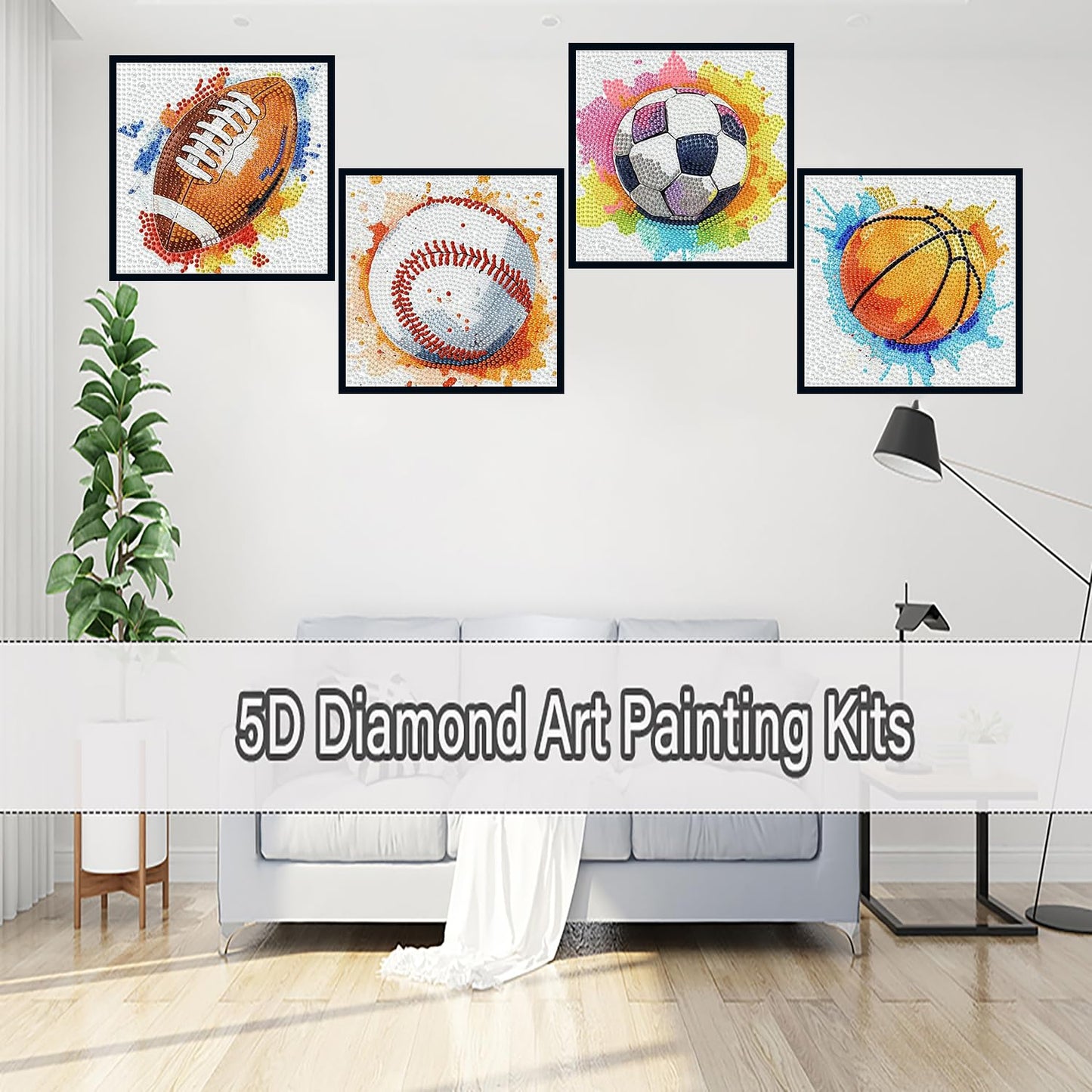 GemZono 4 Pack Diamond Art Painting Kits for Adults, Ball Sports 5D Diamond Painting Dots Art Kits for Adults Beginner, Balls DIY Full Round Gem Crystal Art Paint by Diamond, Home Wall Decor 12x 12 in