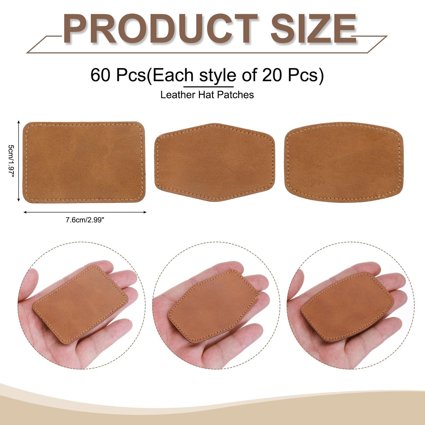 MECCANIXITY 60 Pcs Blank Leather Hat Patches, Laser Engraving Iron-on Rectangle/Irregular/Hexagon Laserable Rustic Leatherette Patch for Hats Cap, Brown 2.99x1.97Inch