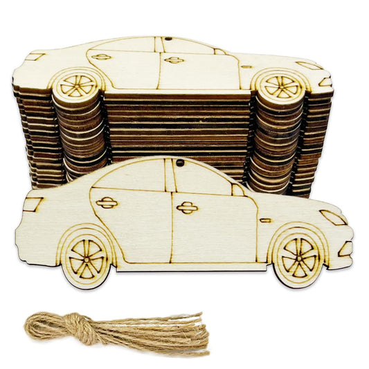 30pcs Unfinished Car Wood DIY Crafts Cutouts Wooden Car Shaped Hanging Ornaments with Hole Hemp Ropes Gift Tags for Home Party Decoration Craft Project