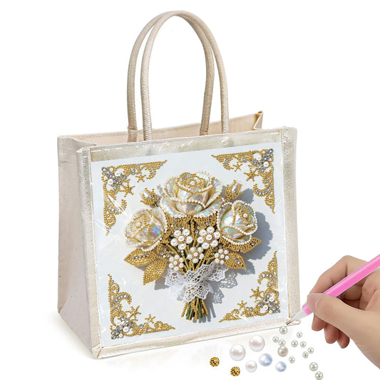 Xylzzuit DIY Pearl Painting Canvas Tote Bag Kit 11.42IN Diamond Art Handbag for Women Shopping Grocery Bag Dots Beads Art Craft Gift (Flower01)
