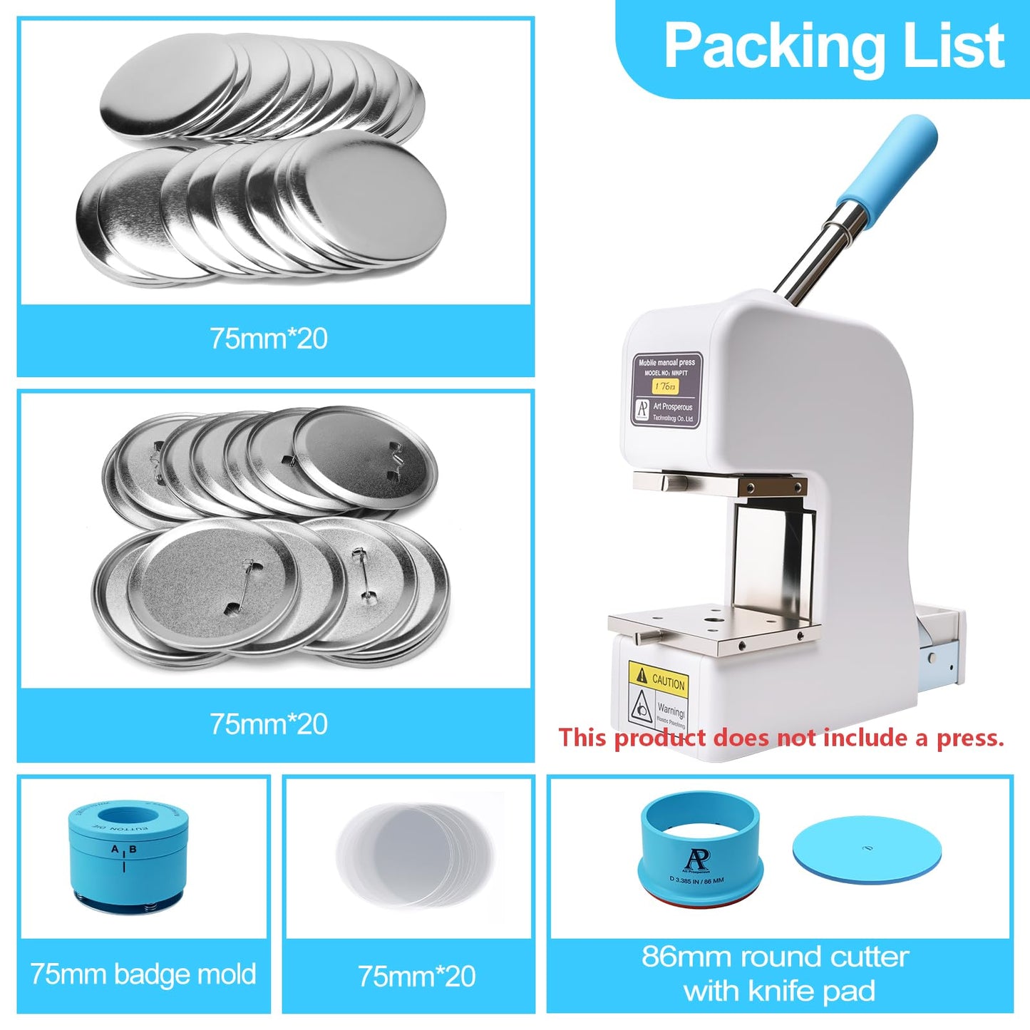75mm 3" Button Maker Kit – Badge Making Supplies with Metal Plastic Mold Set, 86mm Circle Cutter & Pad, 20 Tin Badge Blanks for Button Press Machine | Press Not Included