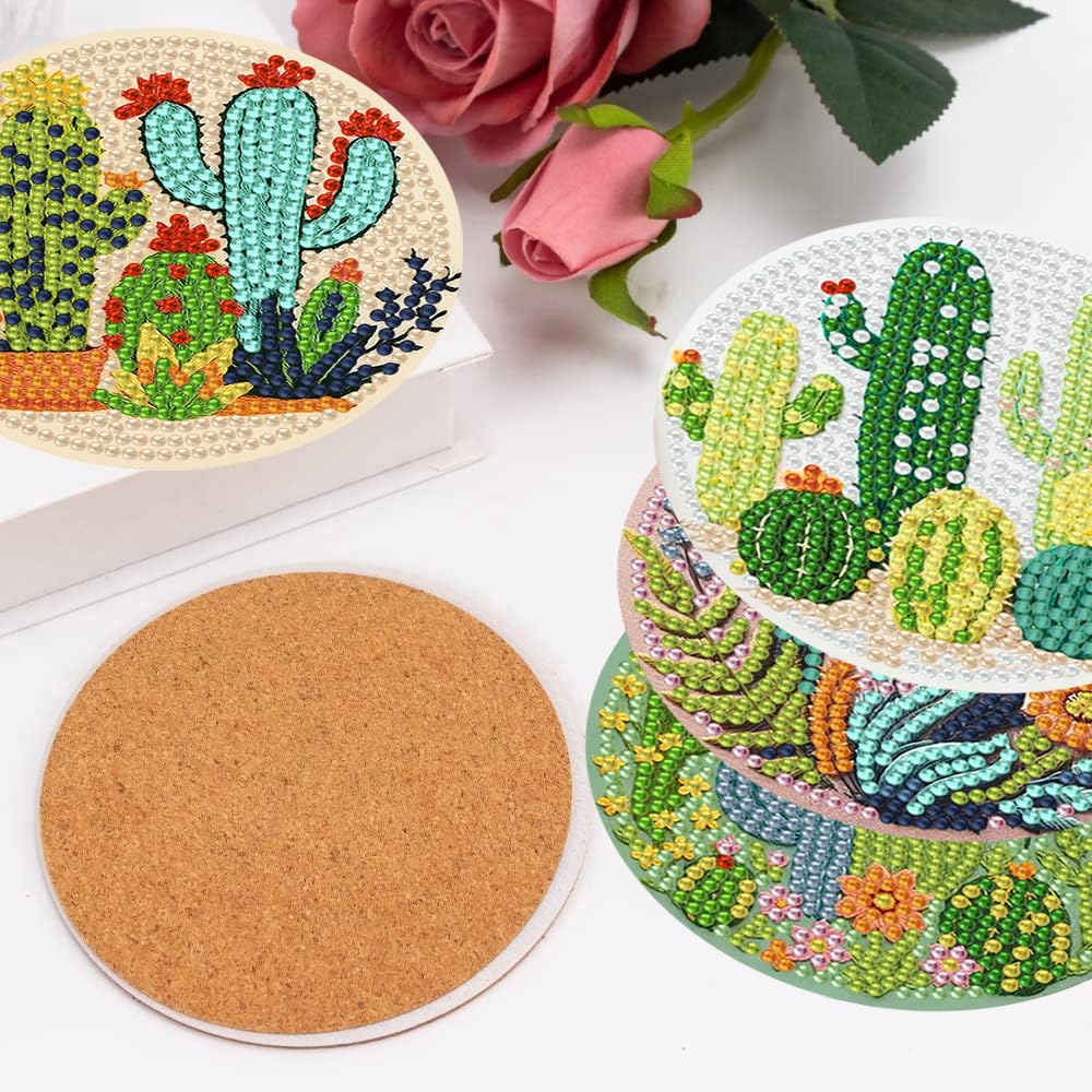 mrpwnle 8 Pcs Cactus Diamond Art Coasters Kit for Adults, Cactus Flowers Diamond Painting Coasters with Holder Cork Pads, DIY Diamond Art Non Slip Coaster Crafts Kits for Adults Beginners Gifts