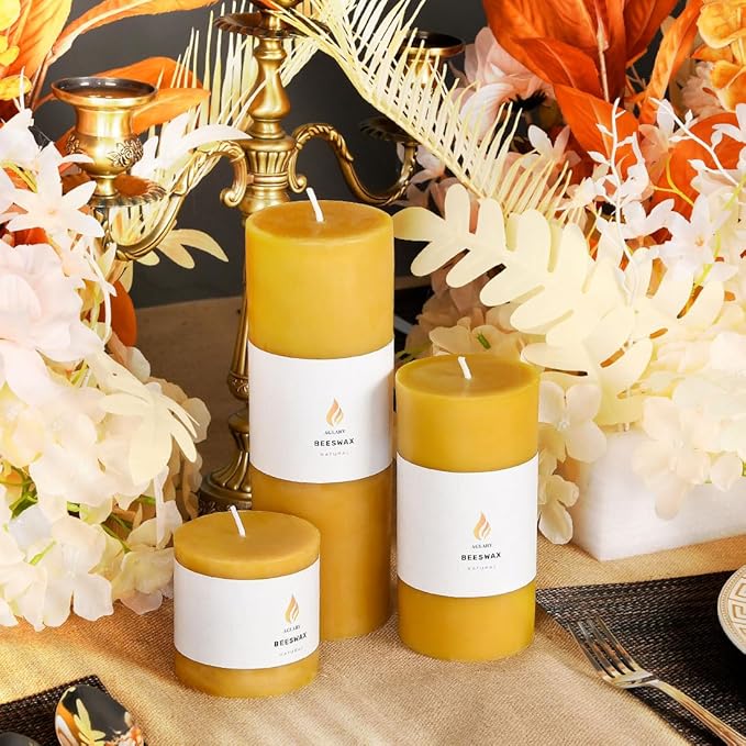 3PCS 3"x 6" Large Beeswax Pillar Candles, Made of Pure Natural Beeswax, with Ultra Long Burning Time and Low Allergenicity-Rawï¼?2H