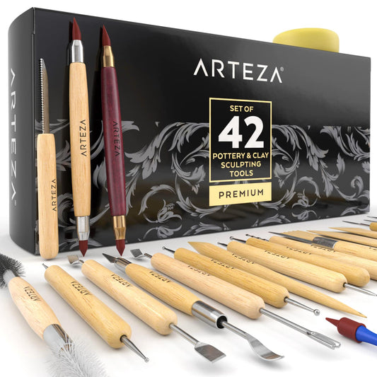 ARTEZA Pottery & Sculpting Tools, 42-Piece Clay Tools Set with Wooden Handles & Steel Tips for Polymer Clay, Ceramics, Carving, Modeling, Shaping & Smoothing