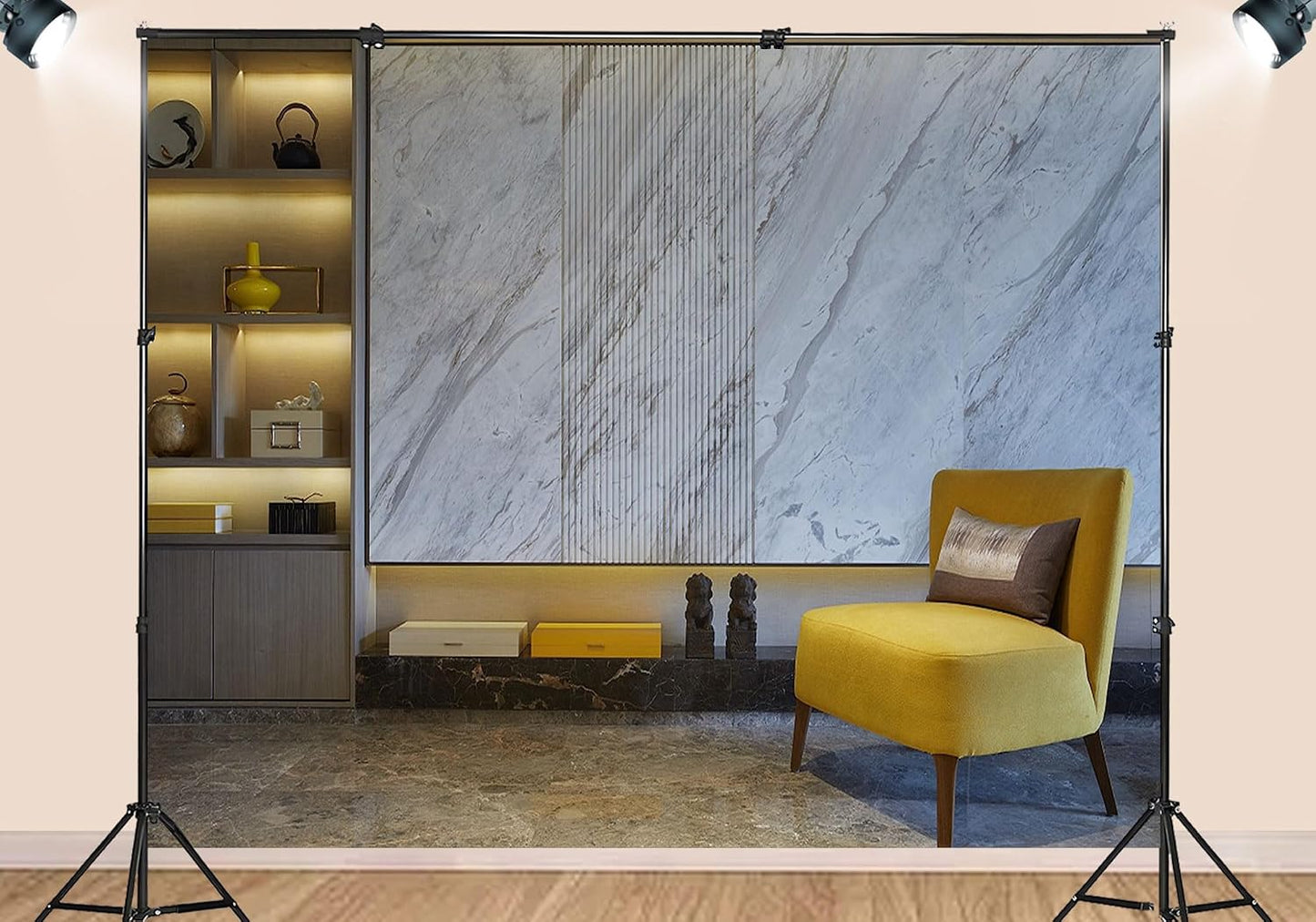 SHDASMIL 8X6ft Luxury Marble Wall Interior Backdrop Yellow Accent Chair Elegant Shelf Background Modern Asian Style