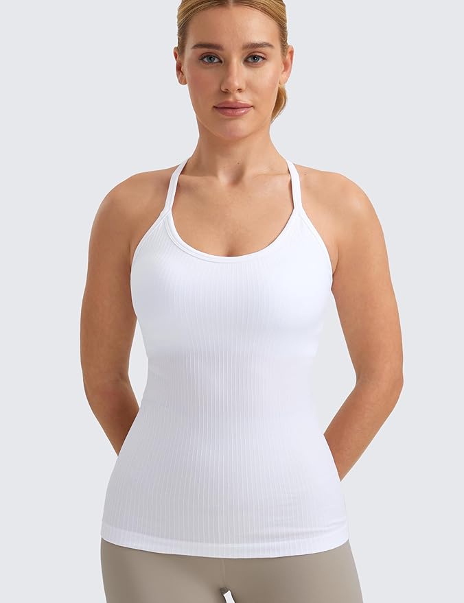 CRZ YOGA Seamless Workout Tank Tops for Women Racerback Athletic Camisole Sports Shirts with Built in Bra