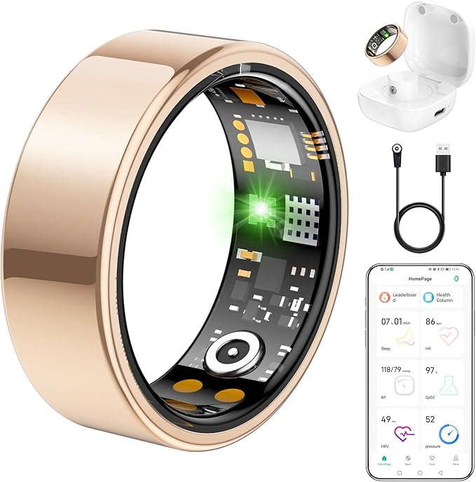 Ring Health Tracker for Women Men, Fit Ring with Heart Rate, Blood Oxygen, Sleep Monitor, Calories, Step Counter, IP68 Waterproof Smart Ring for iPhone & Android, No Subscription Fee (Rose Gold, 7#)