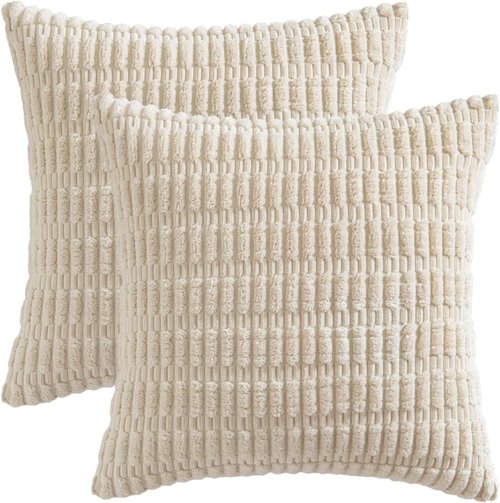 MIULEE Corduroy Decorative Throw Pillow Covers - Soft Boho Striped Design | 12x12 Inch Cream White for Modern Farmhouse Decor