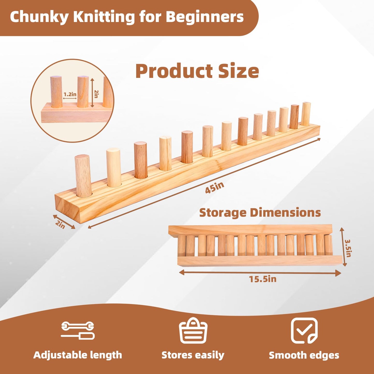 QAMGCYW 45" Chunky Yarn Loom, Beginner Hand Knitting Loom with Detachable Wooden Frame, Adjustable Size No Needles, DIY Blanket Weaving Loom, Premium Wood No Coating