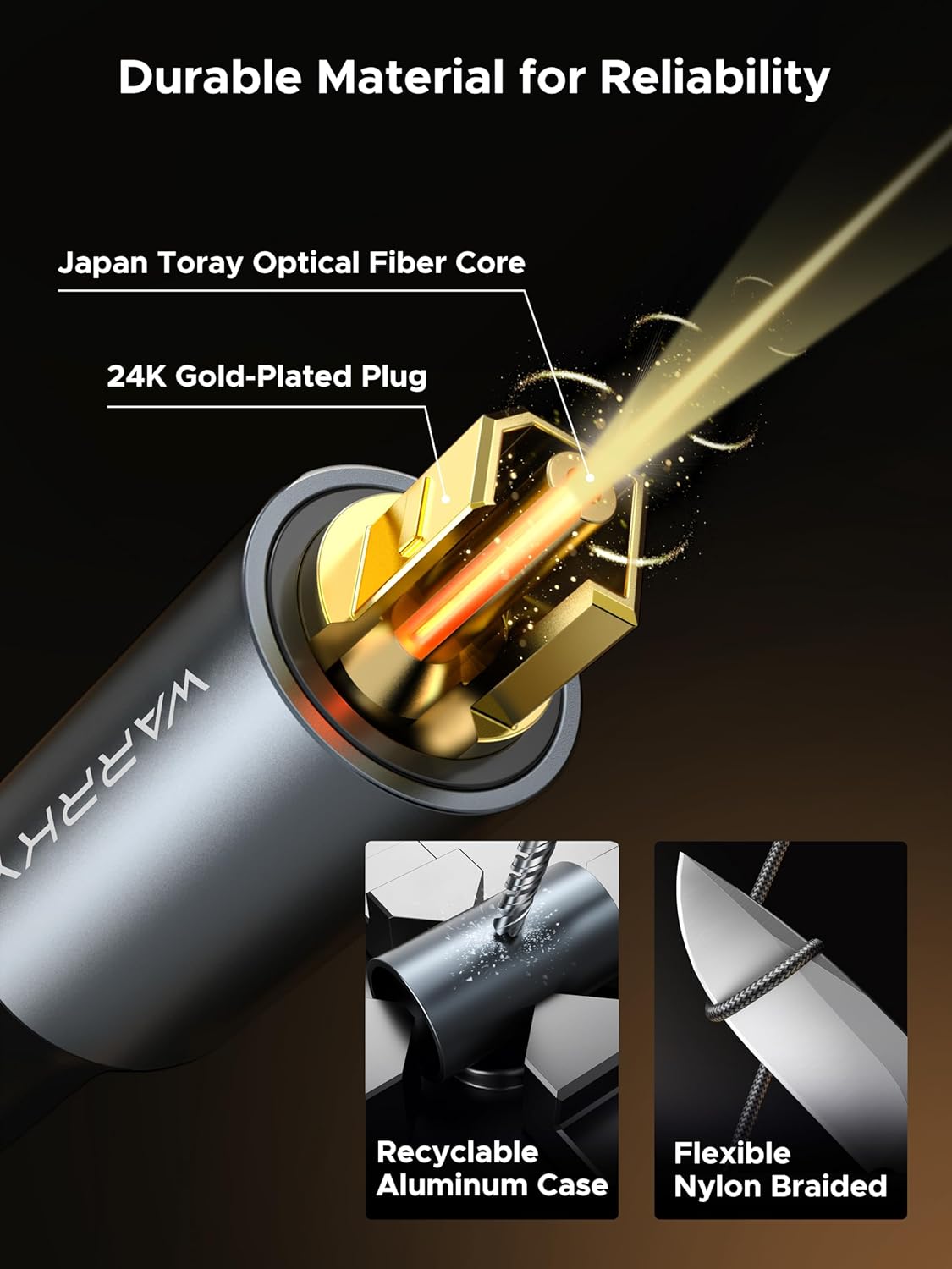 10ft 3m Warrky Optical Audio Cable, / Optical Cable for Soundbar [Nylon Braided, Slim Metal Case, Gold-Plated Plug]