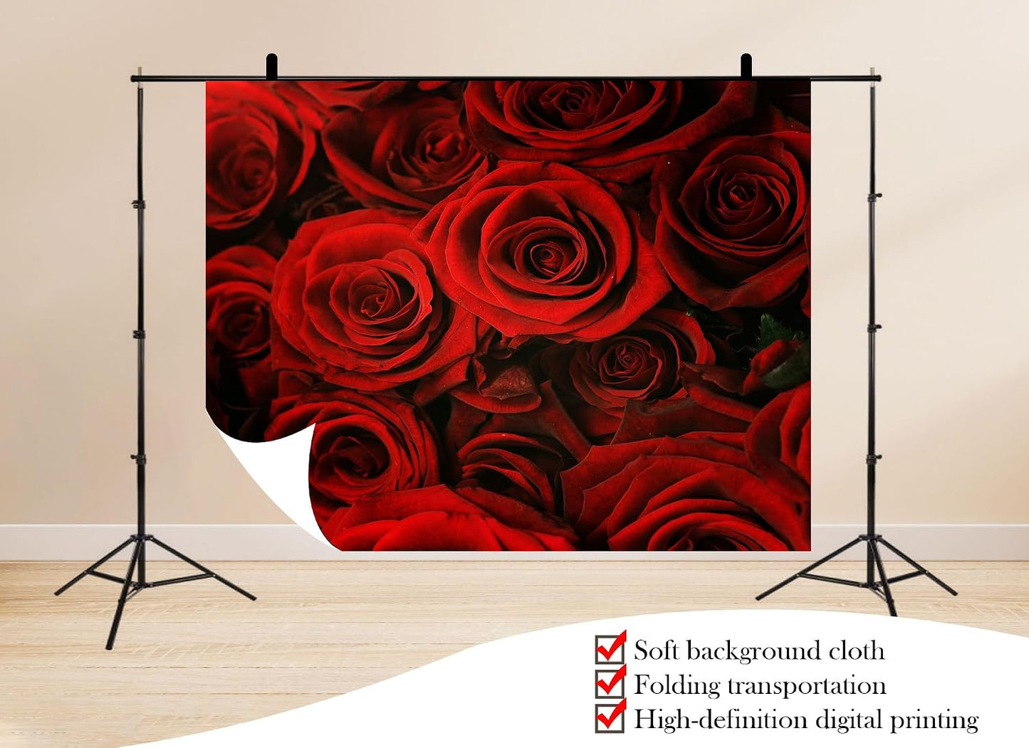 UPXIO 5x3ft Luxury Red Rose Bouquet Backdrop Dense Floral Blooms Photo Background Tapestry for Wedding Anniversary