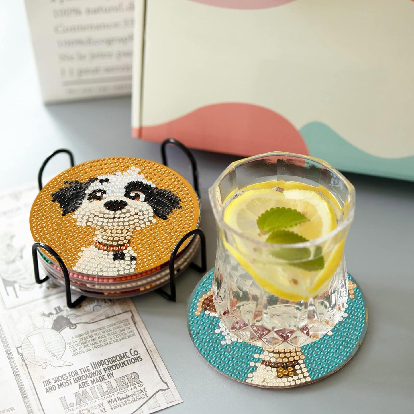 Cute Dog Diamond Art Painting Coasters Kit, 8 Pieces Puppy Diamond Art Coasters with Holder, DIY Dog Diamond Coasters for Beginners