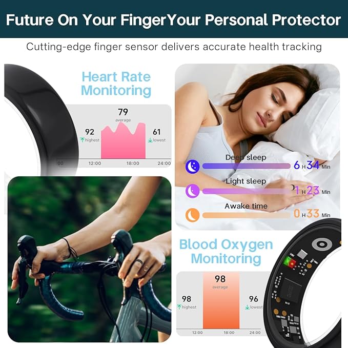 Smart Rings for Women Men,Fitness Tracker Ring,Heart Rate,Blood Oxygen,Blood Pressure,Step Tracker,Sleep Monitoring,No Subscription Fee,IP68 Waterproof Smart Ring for iphone&Android(Black 11)