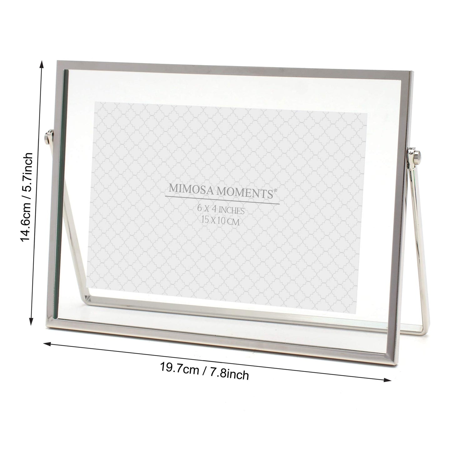 MIMOSA MOMENTS 4x6 Silver Metal Floating Picture Frame, Horizontal Double Glass Tabletop Display, Modern Minimalist Photo Frame for Home & Office Decor