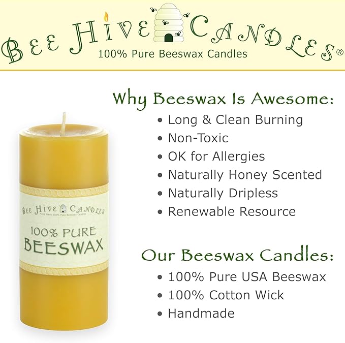 100% Pure Beeswax Pillar Candle (2" x 4") | Natural Beeswax Candles | Soy, Paraffin & Fragrance Free | Handmade in The USA