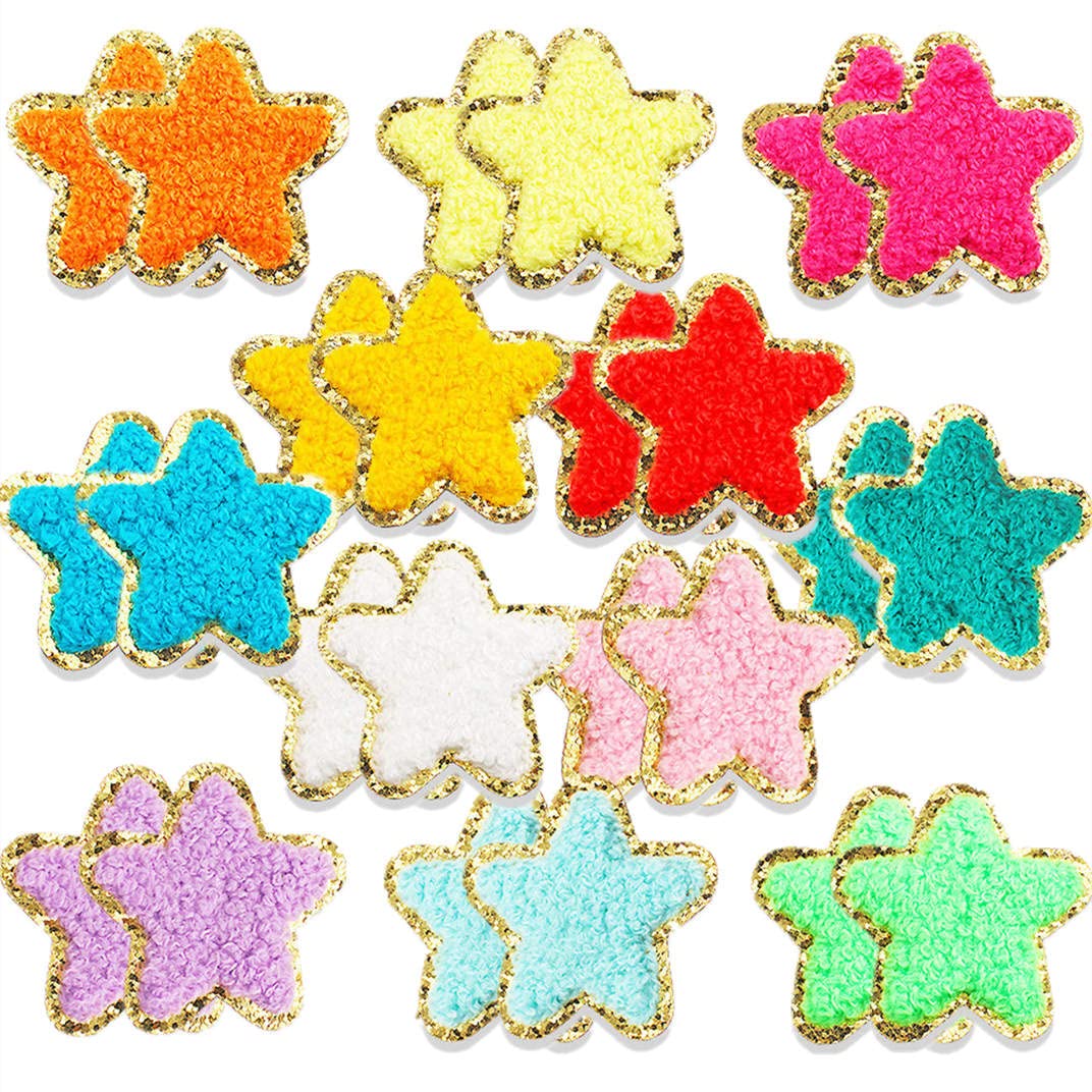 24 Pieces Star Chenille Patches,Cute Iron on Patches for Clothes,Iron on Stars Fabric Embroidered Patches for Women Backpack Hat Jacket Jean Decorative Applique(Star,White)