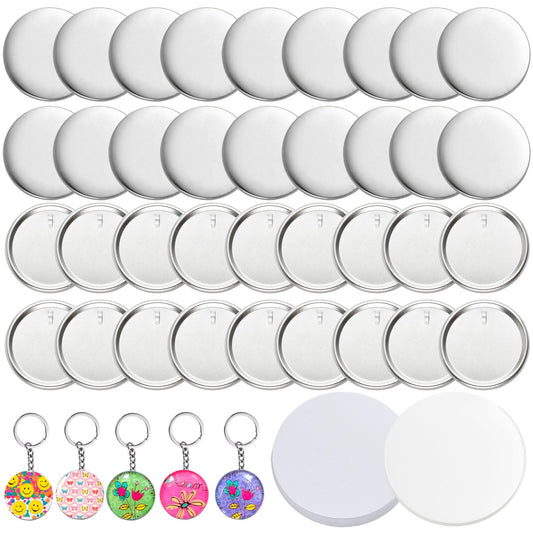 Milkary 250Pcs Button Maker Keychain Supplies, 50 Sets 58mm Metal Keychain Making Supplies for Button Maker Machine, Badge Sets with Metal Shell Back Cover Transparent Film Blank Paper Chain