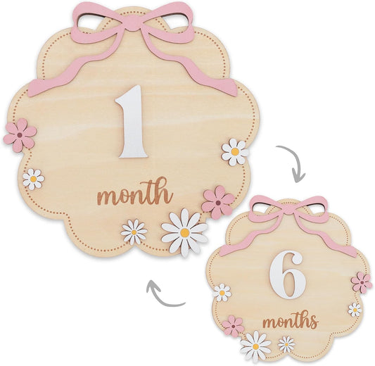 TTMerriwood Set 112 Wooden Baby Monthly Milestone Sign with Pink Bow, Month Cloud Shape Photo Prop, Floral Baby Girl